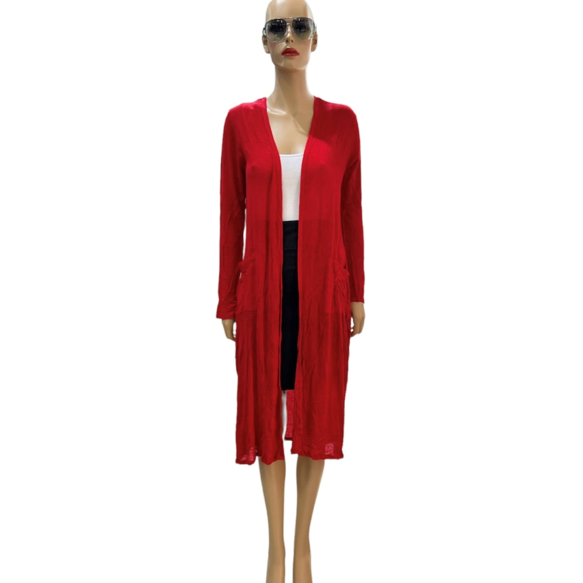 Long cardigan femme avec 2 poches #couleur_rouge