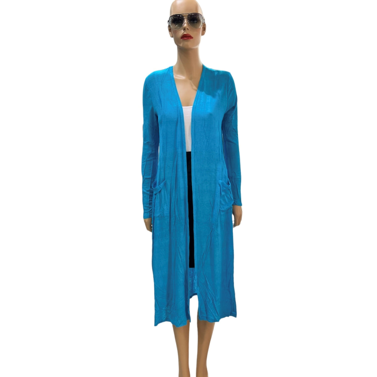 Long cardigan femme avec 2 poches #couleur_turquoise